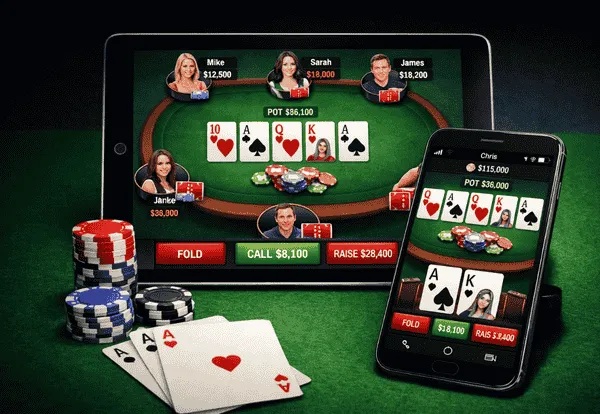 Tablet and smartphone showing an online poker game table interface, with poker chips and playing cards on a green felt background.
