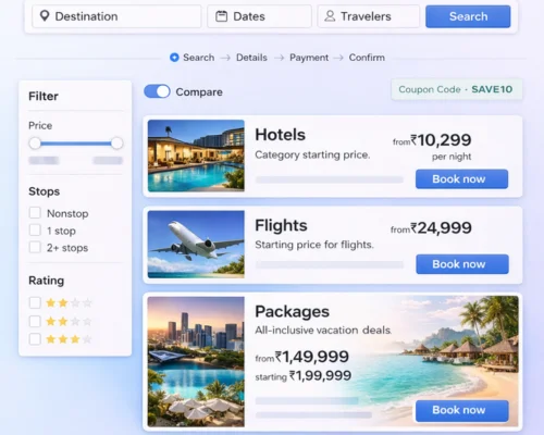 Full-screen travel OTA marketplace interface showing multi-supplier listings, filters, price comparison, and checkout steps.
