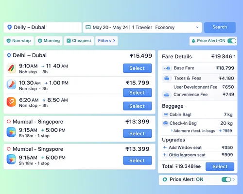 Flight booking app screen with search results, fare details, filters, and options for seats and baggage.