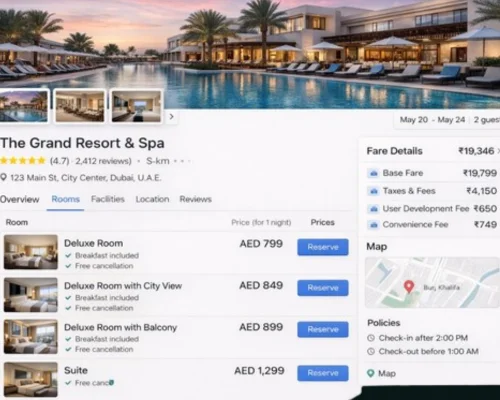 Hotel booking interface showing room selection, prices, inclusions, cancellation policy, and a map preview.