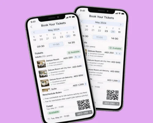 Tours and activities booking screen with calendar date selection, time slots, ticket quantity controls, and QR ticket preview.