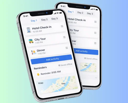 Itinerary planner app screen displaying a day-by-day timeline, activity cards, reminders, and a route map preview.