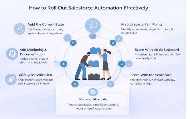 Infographic showing a clean rollout process to keep Salesforce automation useful and easy to maintain: audit current state, map lifecycle pain points, score with a RevOps scorecard, build quick wins, add monitoring and documentation, and review monthly, with a checklist clipboard illustration.