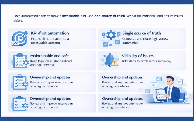 RevOps-improving Salesforce automation principles: KPI-first, single source of truth, maintainable logic, issue visibility, and ownership