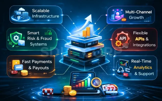 Online gaming platform stack with infrastructure, payments, APIs, analytics, and fraud systems.