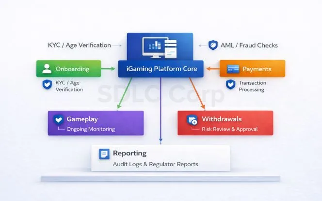 Compliance-by-design iGaming platform flow with KYC, AML, monitoring, audit, and logs