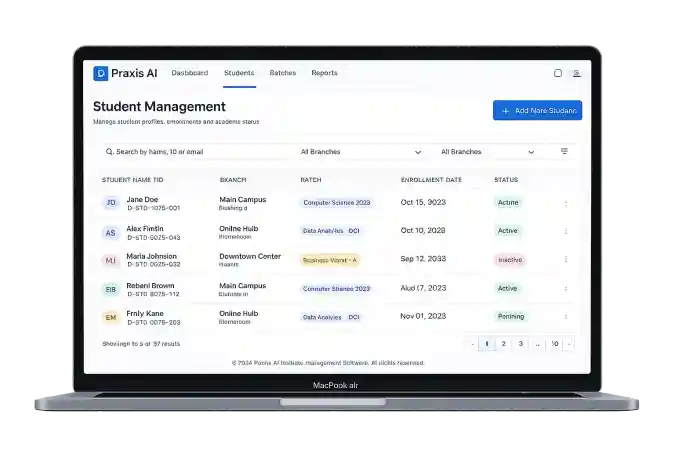 Praxis AI student management dashboard