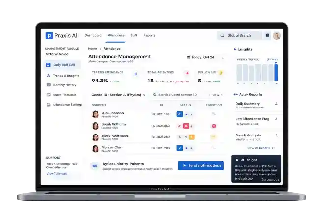Praxis AI attendance management dashboard