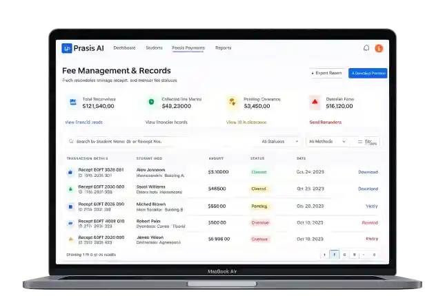 Praxis AI fee and payment management dashboard