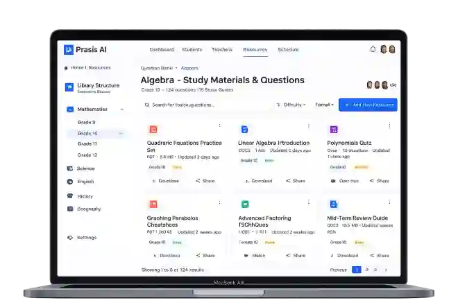 Praxis AI study material management dashboard