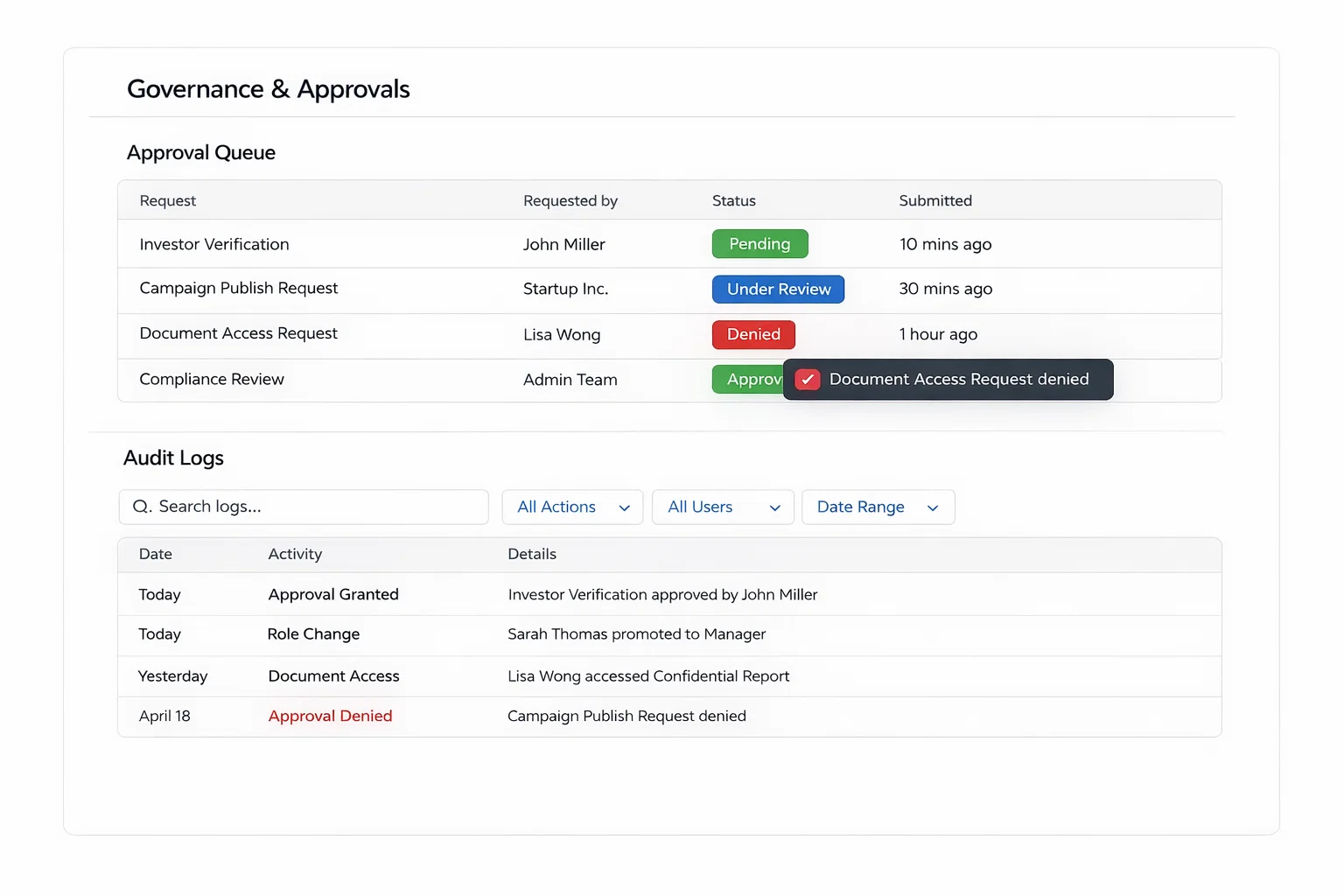 Governance and approvals dashboard showing approval queue statuses and audit logs with filters
