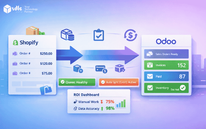 Shopify to Odoo connector illustration showing orders syncing to Odoo with inventory, invoices, payments, auto sync cron, and ROI dashboard.