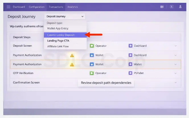 Casino platform dashboard mapping deposit journeys by entry point, including wallet app entry, casino lobby deposit, landing page CTA, and affiliate link flow with dependency tagging