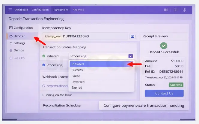 Internal casino payment engineering dashboard showing idempotency key configuration, real transaction status mapping, webhook handling, and a user receipt preview for compliant deposit processing.