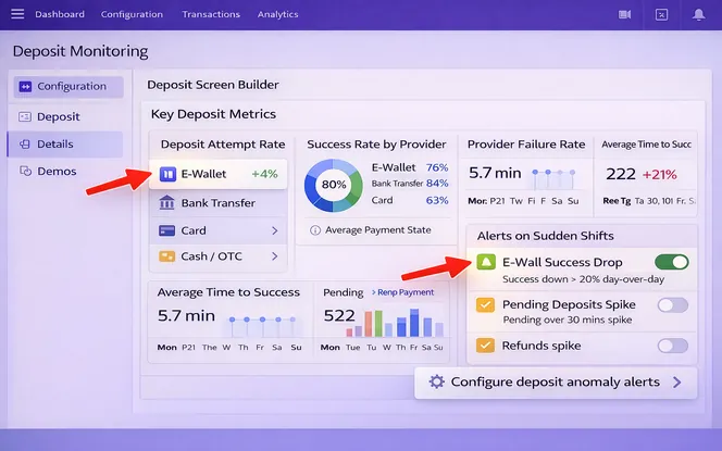 Casino deposit monitoring dashboard tracking e-wallet success rate, pending deposits, average time to success, and alerts for sudden drops caused by BSP delinking.