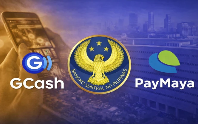 BSP delinking update showing a casino app on a mobile phone alongside GCash and Maya logos, with the Bangko Sentral ng Pilipinas seal highlighting changes to e-wallet access for online casino deposits in the Philippines