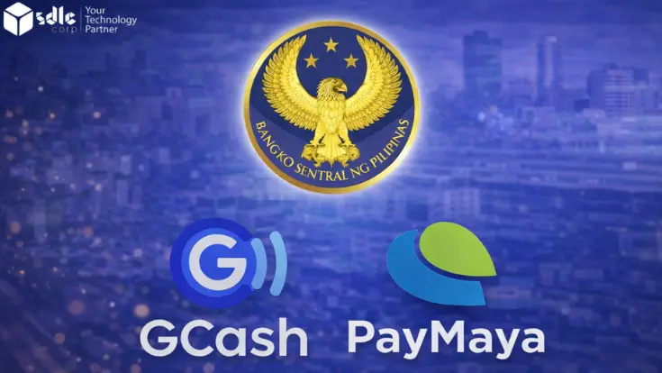 Bangko Sentral ng Pilipinas (BSP) logo centered above GCash and PayMaya e-wallet logos against a blue cityscape background representing Philippines digital payment regulation.