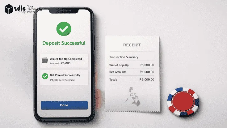 Mobile screen showing a successful iGaming deposit with wallet top-up confirmation, receipt summary, and poker chip