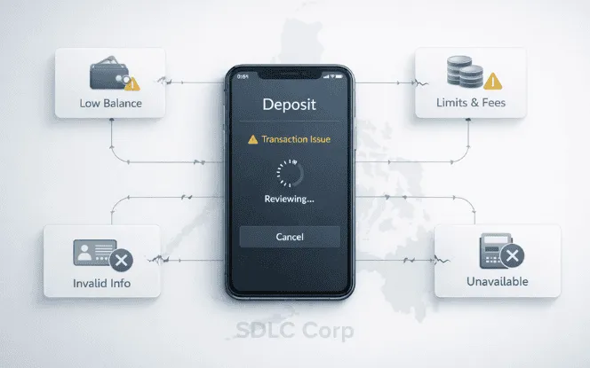 Deposit transaction issue screen with common failure causes shown