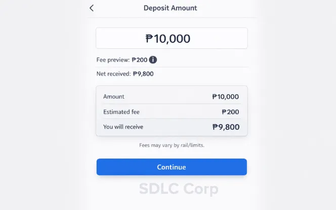 Deposit amount screen with fee preview and net received.