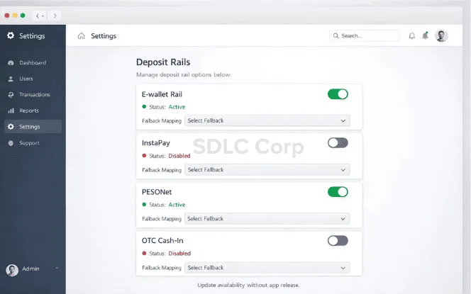 Deposit rails settings with toggles and fallback mapping