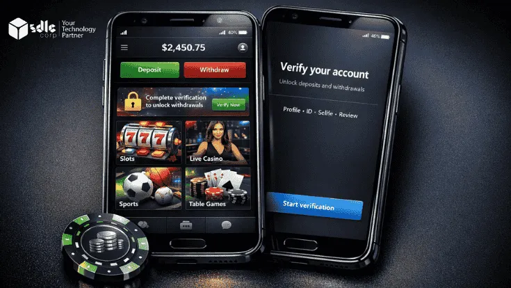 Betting app KYC verification screens on two mobile phones.