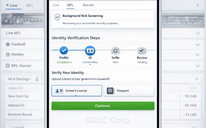 Risk-based KYC flow showing background screening and guided verification steps for higher completion.
