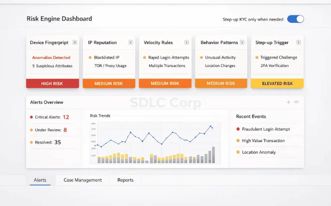 Risk engine dashboard showing fraud signals like device fingerprint, IP reputation, velocity rules, and step-up KYC triggers.