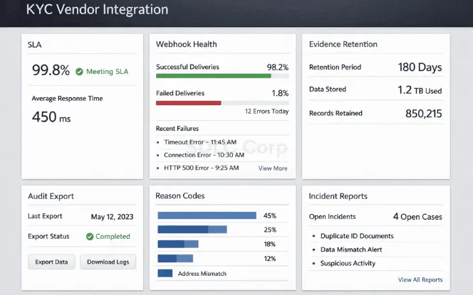 KYC vendor integration dashboard showing SLA monitoring, webhook health, audit export, and evidence retention controls.