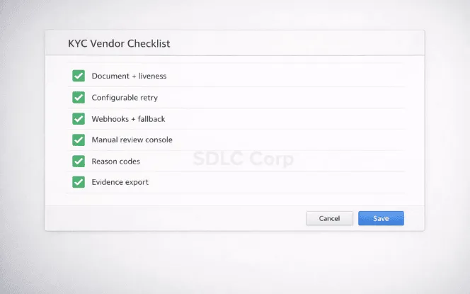 Vendor checklist for KYC showing required features like liveness, configurable retries, webhooks, reason codes, and evidence export.