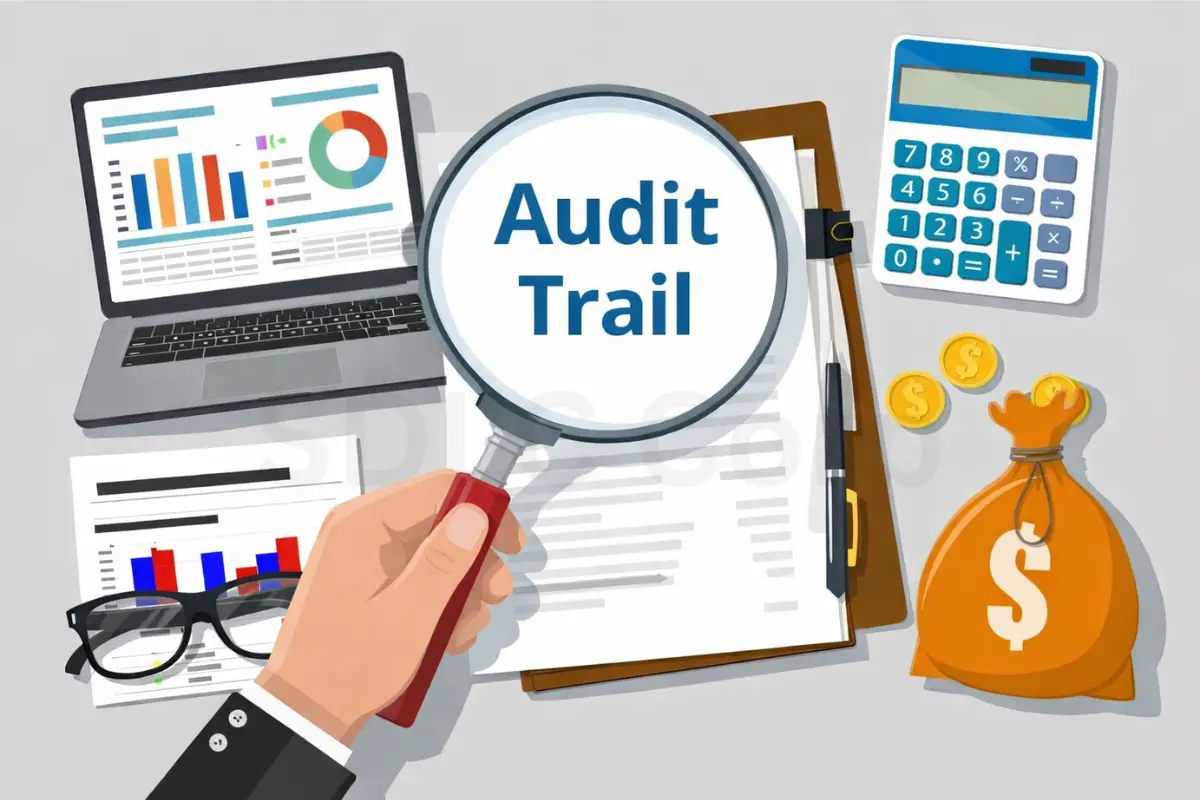 Audit trail concept illustration with magnifying glass over a report, laptop analytics charts, calculator, coins, and money bag.