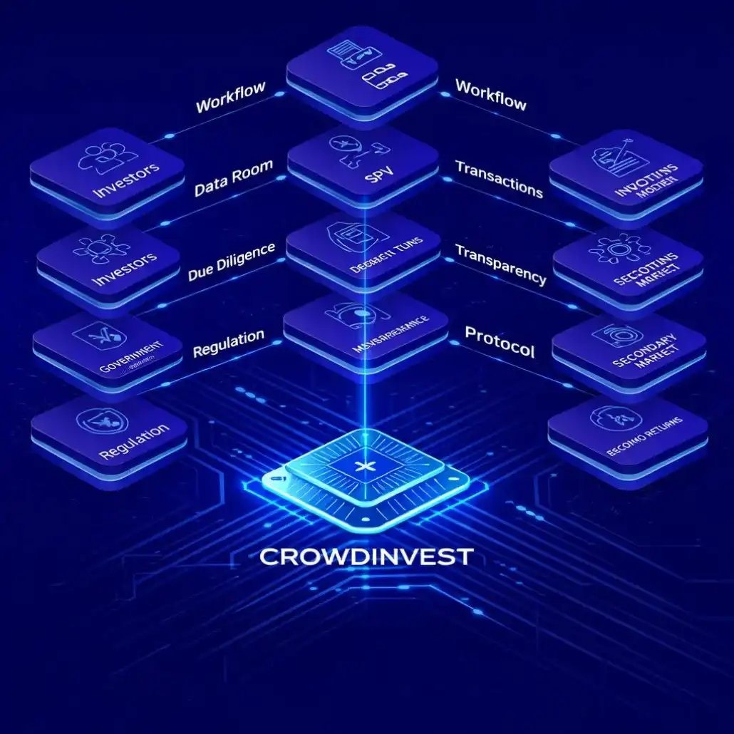 CrowdInvest platform workflow showing investors, SPV, data room, due diligence, and compliance governance.