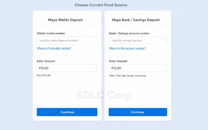 Fund source form for wallet vs savings with identifier validation.