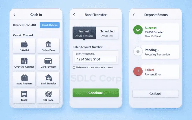 Deposit flow blueprint with success, pending, and failed outcomes.