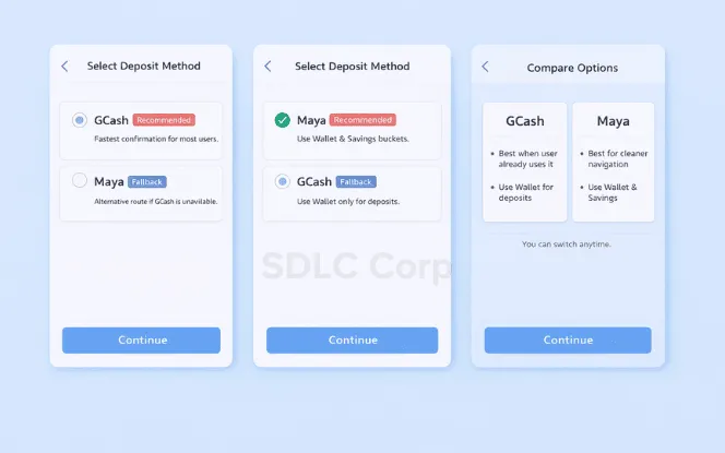 Choose a deposit method screen with two e-wallet options
