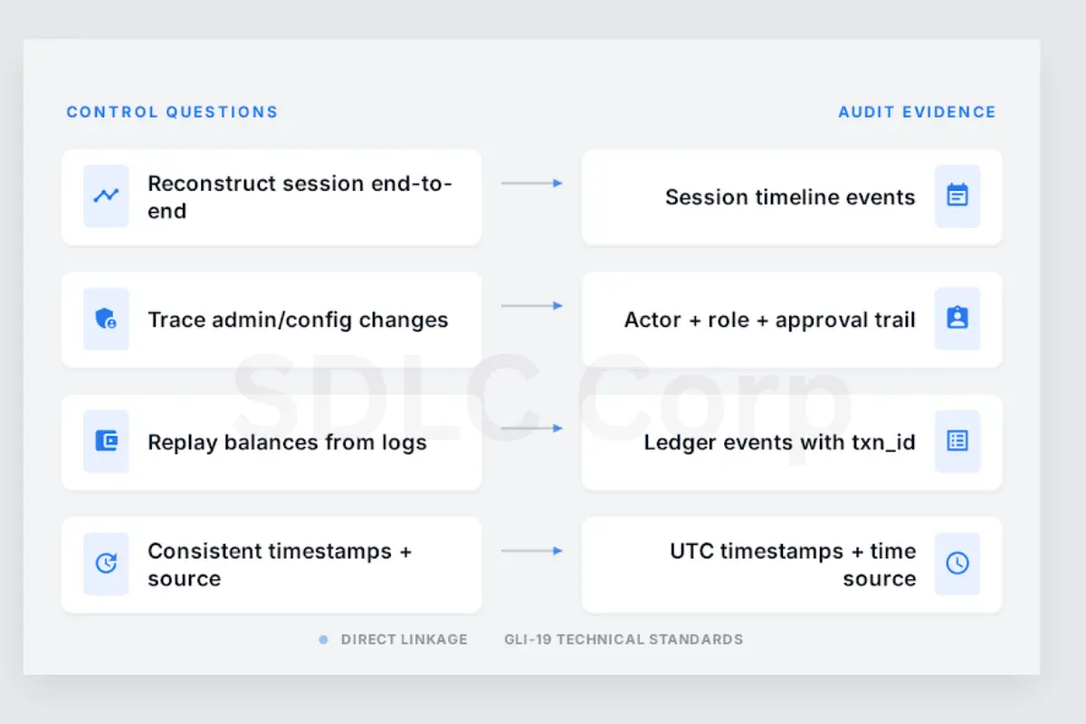 GLI-19 “Controls → Evidence” diagram linking control questions to audit outputs.
Shows session reconstruction, admin traceability, ledger replay, and UTC time-source proof.