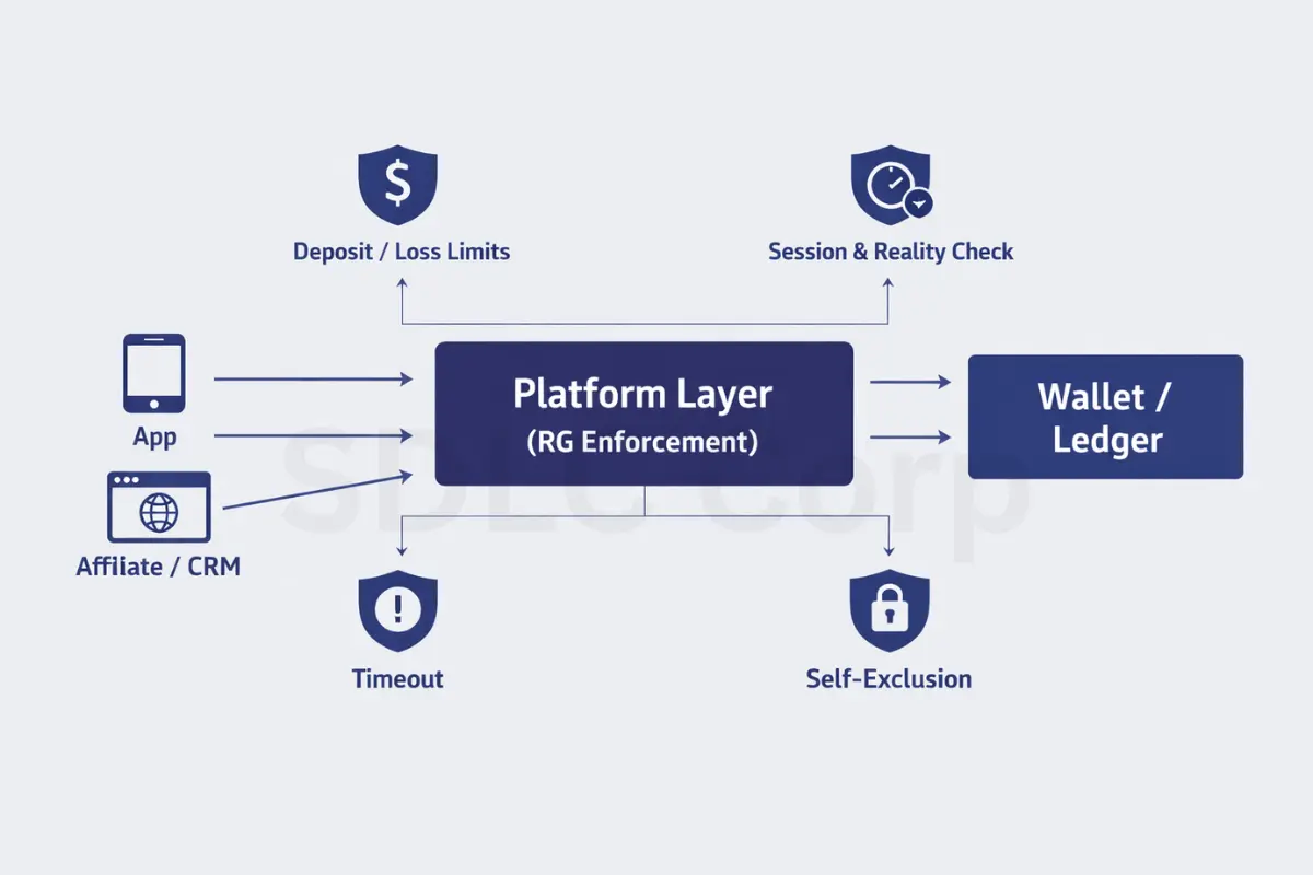 ompliance infographic where App, Web, and Affiliate/CRM flows enter a “Platform Layer (RG Enforcement)” block with four controls—deposit/loss limits, session & reality check, timeout, and self-exclusion—before reaching the wallet/ledger.