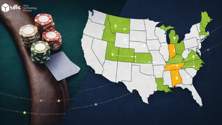 Gaming compliance banner: chips on felt at left, US map at right with highlighted states and dotted routing lines indicating state-by-state rules.”