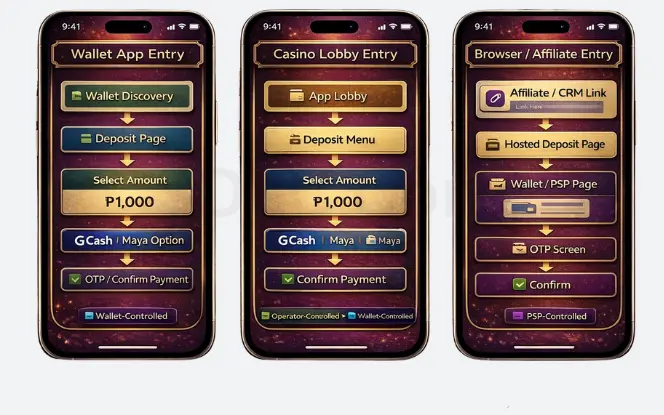 Three mobile flow diagrams mapping deposit entry paths—wallet app, casino lobby, and browser/affiliate—highlighting wallet-, operator-, and PSP-controlled steps.