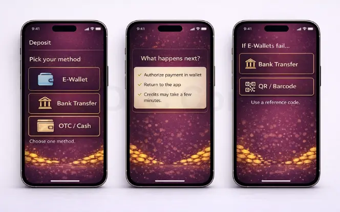 Simplified cashier UX: pick deposit method (e-wallet, bank transfer, OTC), a “what happens next” guidance card, and fallback options like bank transfer or QR/barcode.