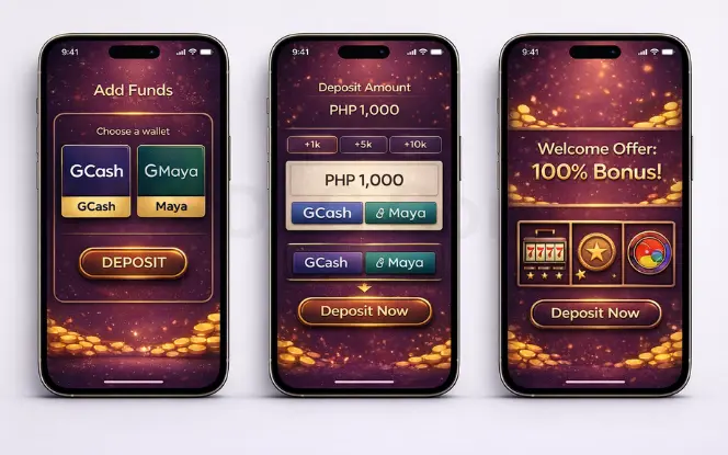 Casino app deposit screens showing wallet selection (GCash/Maya), PHP deposit amount entry, and a clear “Deposit Now” call-to-action.
