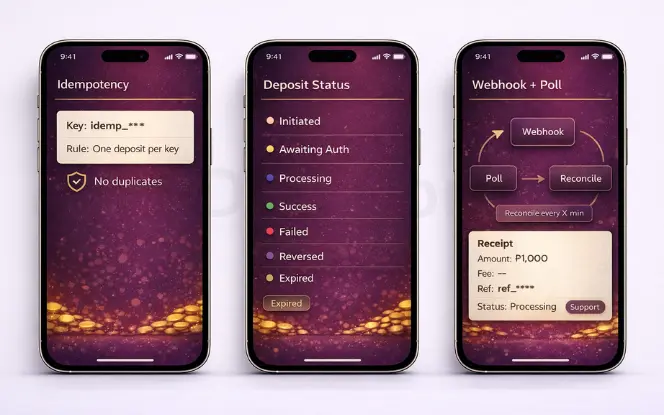 Payment-safe patterns: idempotency rule to prevent duplicates, deposit status state machine, and webhook + polling reconciliation with a user-visible receipt and reference ID.