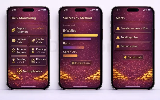Three mobile dashboards showing deposit monitoring metrics, success by payment method, and alerts for e-wallet drops, pending spikes, and refund spikes.