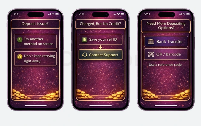 Three iPhone-style mockups showing deposit-failure help steps: try another method, save reference ID and contact support, and use bank transfer or QR/barcode as fallback.
