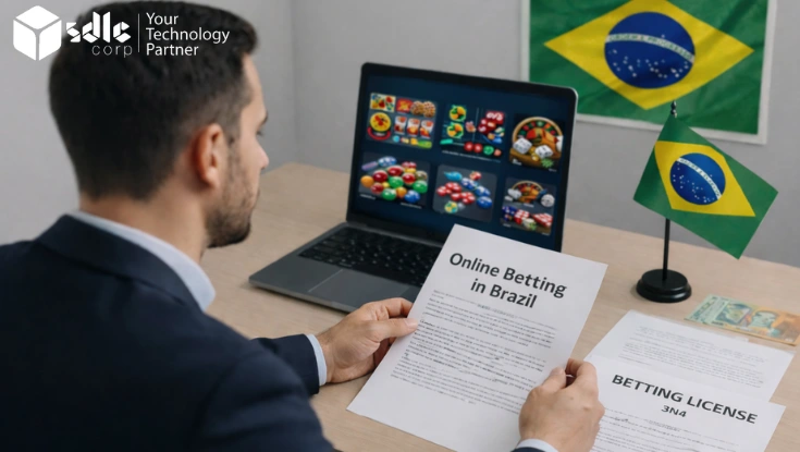 Online Betting in Brazil setup with laptop showing betting games and Brazilian flag