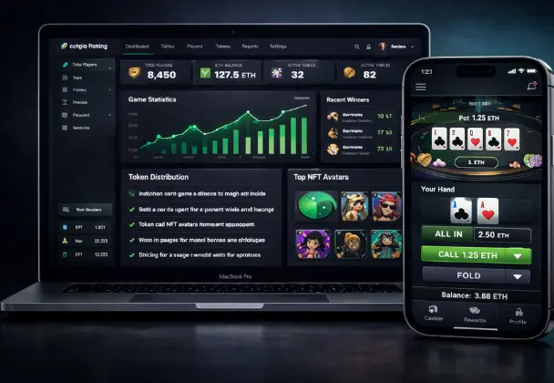 Crypto poker game development dashboard on laptop and mobile app with blockchain stats, token data, and ETH betting interface.