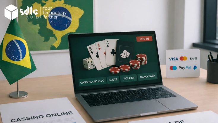 Laptop showing an online casino dashboard with cards and chips, Brazil flag on desk and Brazil map in the background