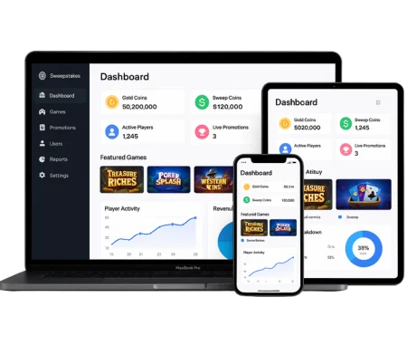 Dashboard view of legal sweepstakes software platform with virtual currency, featured games, and player analytics for online casinos and promotional gaming