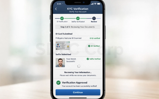 Risk-based KYC flow showing background screening and guided verification steps for higher completion.
