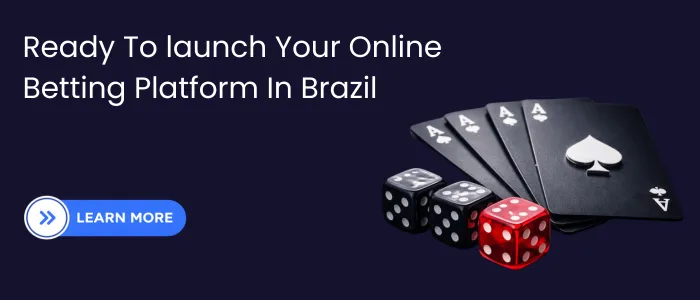 Online betting platform launch banner for Brazil featuring playing cards and dice with call-to-action button.